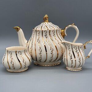 Vintage Sadler Teapot 4 PC Set w/ Sugar Bowl & Creamer | England | Gold Swirl